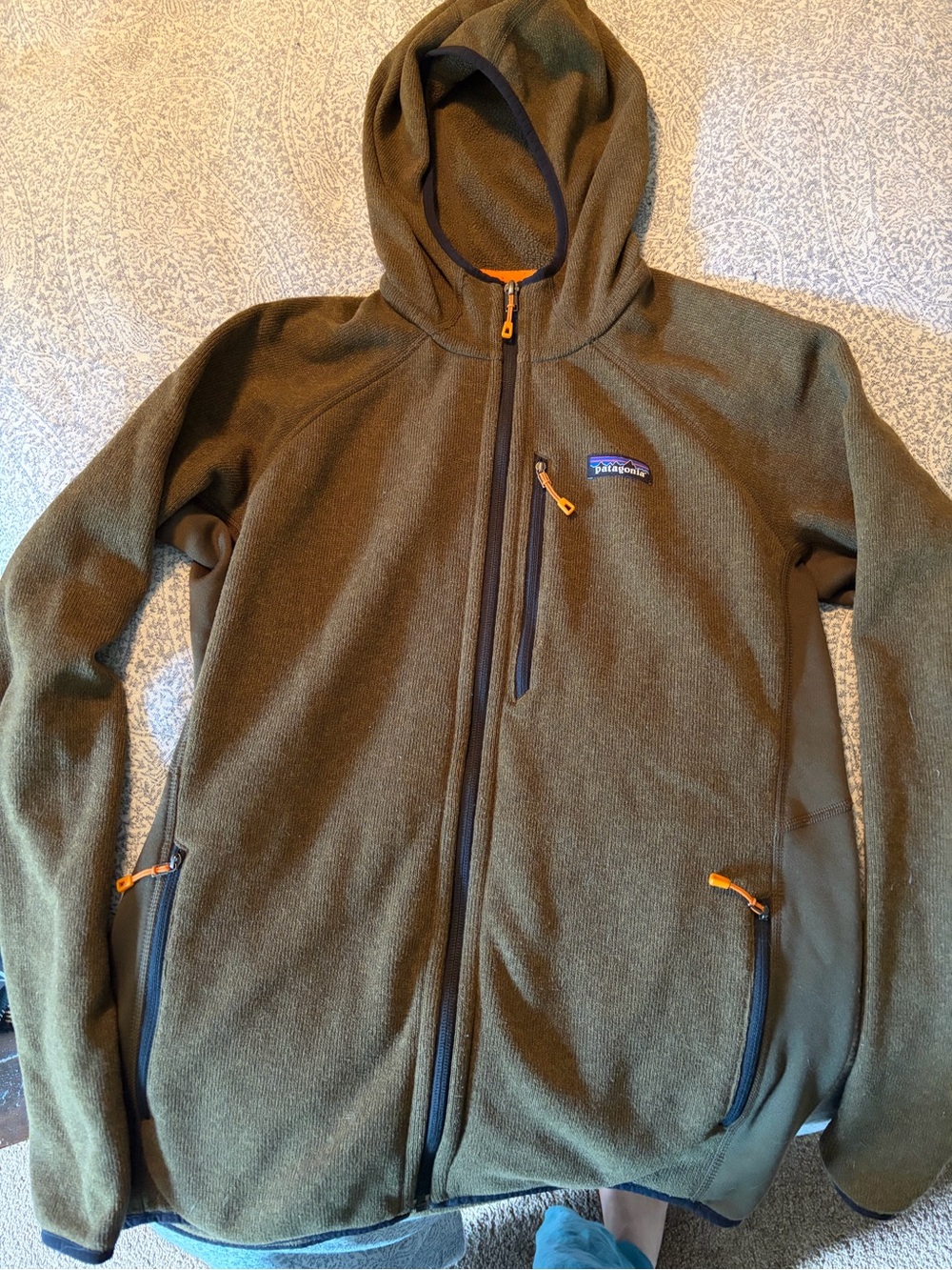 Patagonia Olive Hooded Full-Zip Fleece Jacket with Orange Zipper Accents